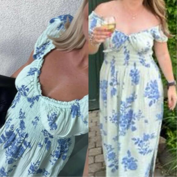 FREE PEOPLE Milkmaid Midi Dress Sundress Blue Floral Gauzy CottageCore Cotton M - Picture 11 of 13